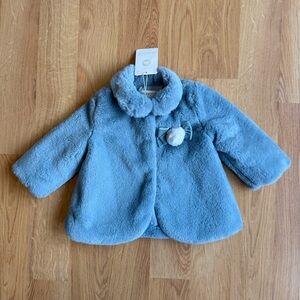 NWT Mayoral Baby Girl Faux Fur Coat-Baby Blue with Pom Pom and Bow